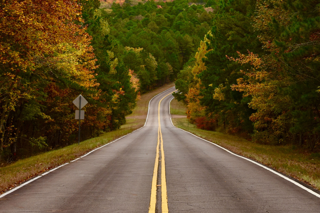 A tarmac country road in autumn