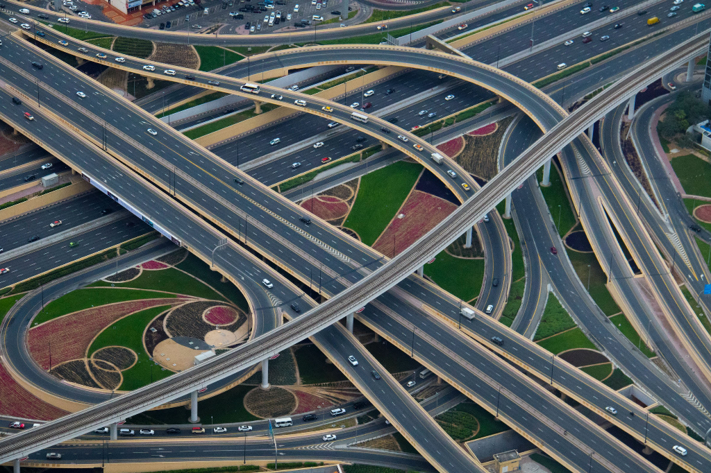 Aerial shot of a 'spaghetti junction', a huge highway intersection.